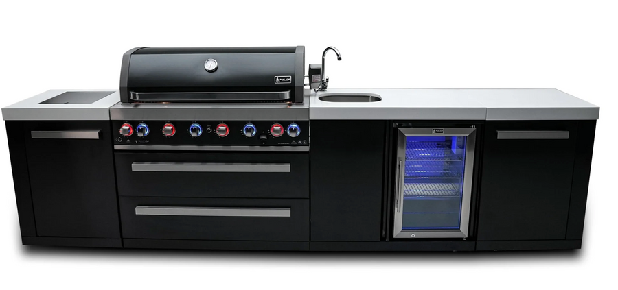 805 Black Stainless Steel Island with Beverage Center 6-Burner Grill 2 Infrared Burners Sink Fridge